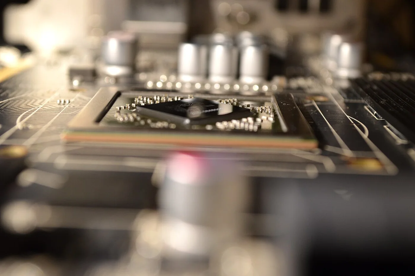 Close up of a graphics card processor on a circuit board