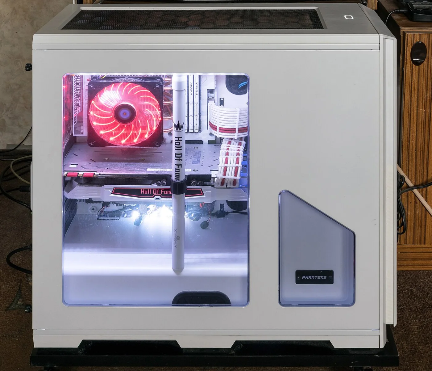 Interior of a gaming desktop with lit cooling fans