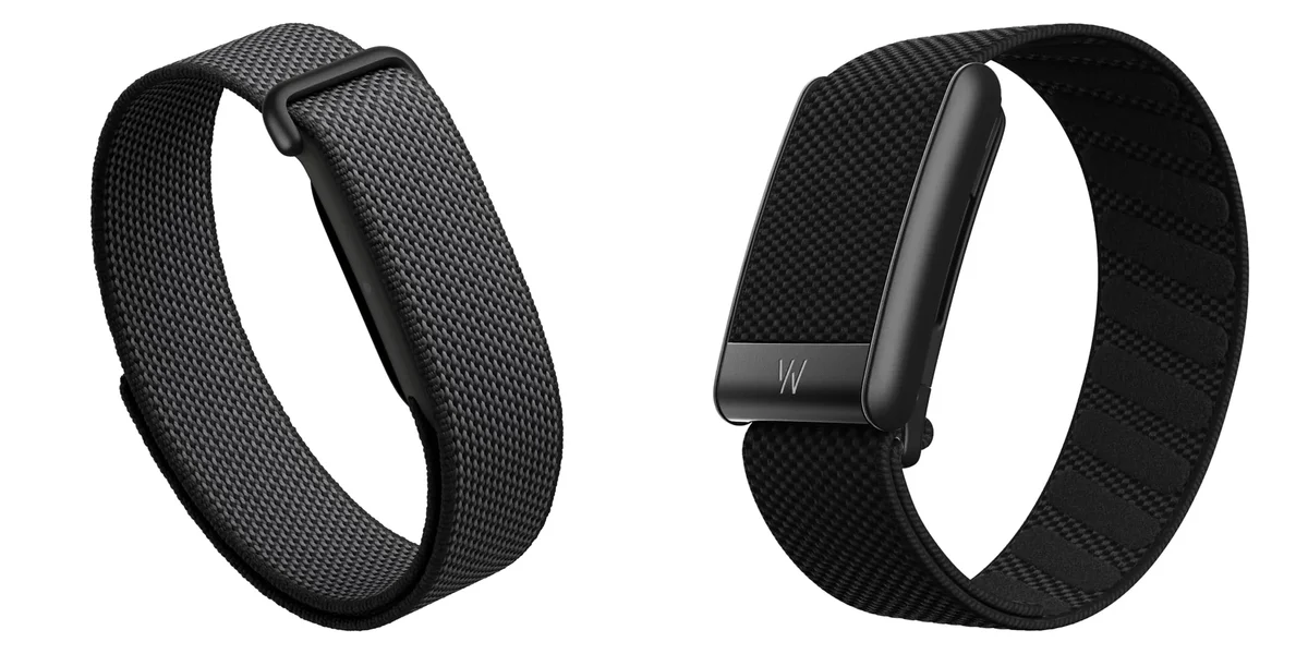 Fitbit Air and the WHOOP wearable side by side, both screenless fabric bands