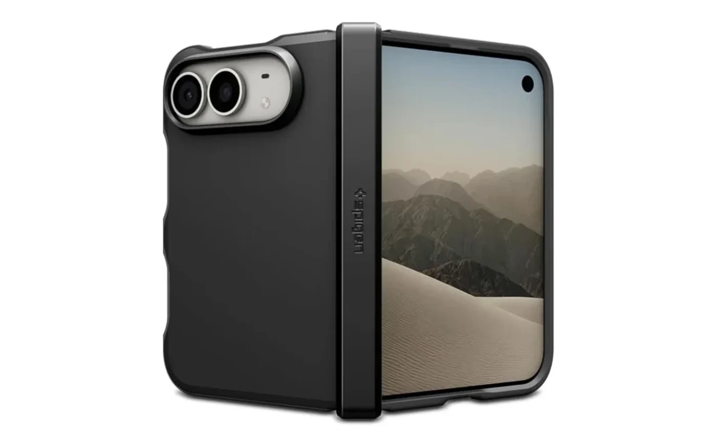 Slim black armoured case fitted to an unfolded iPhone Duo