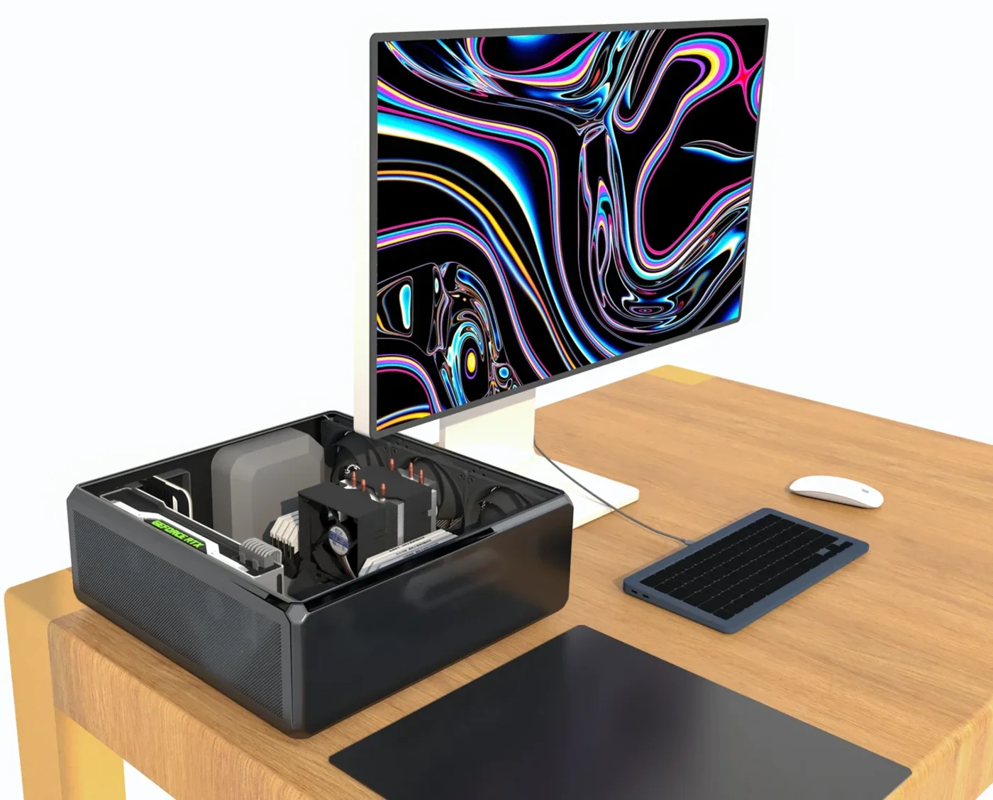 Compact prebuilt desktop computer with the lid removed