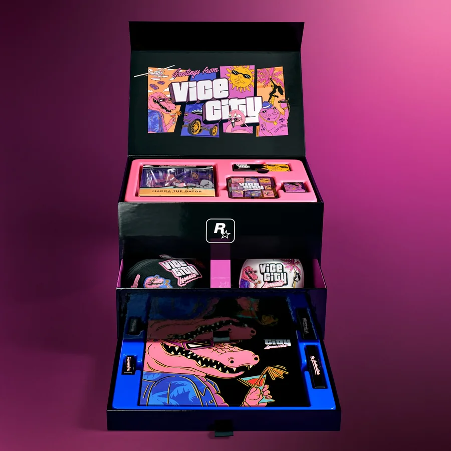 The GTA 6 collector's box fully open showing all trays and the contents in place