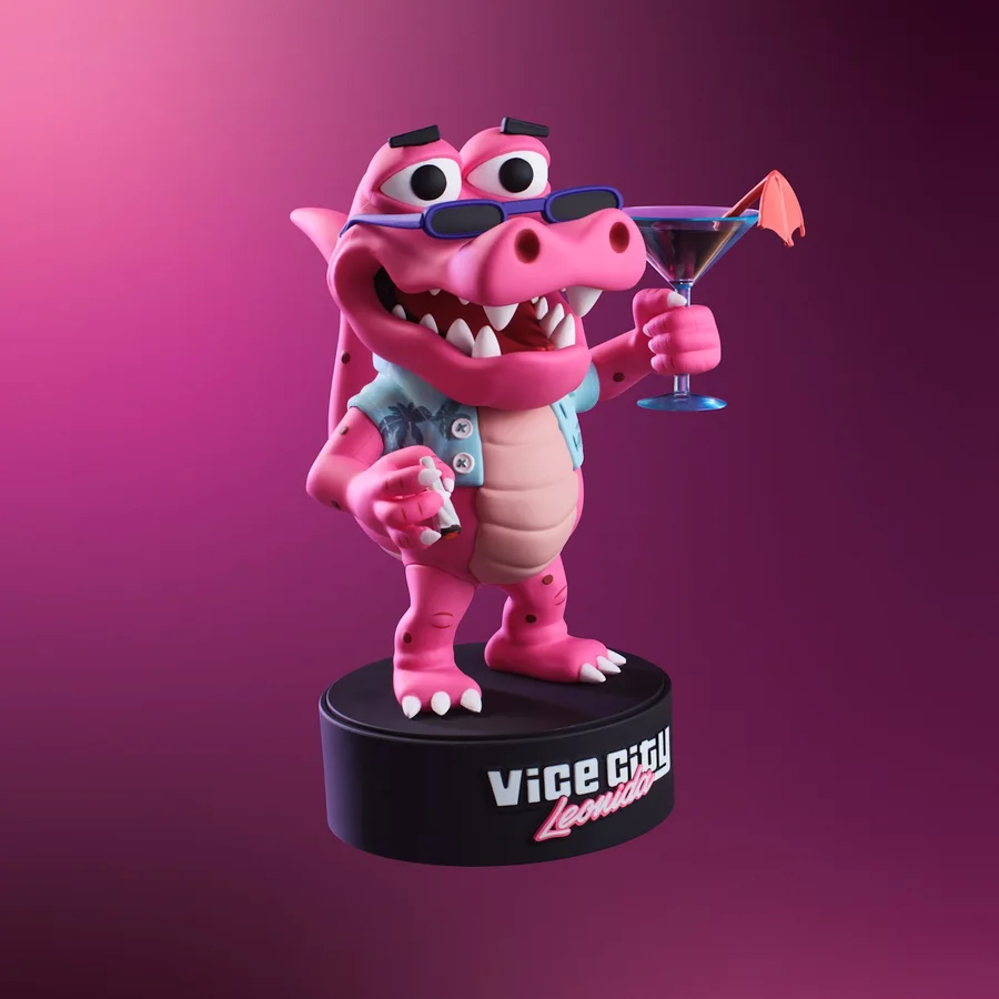 Pink vinyl figure of Macca the Gator holding a martini, on a Vice City Leonida base