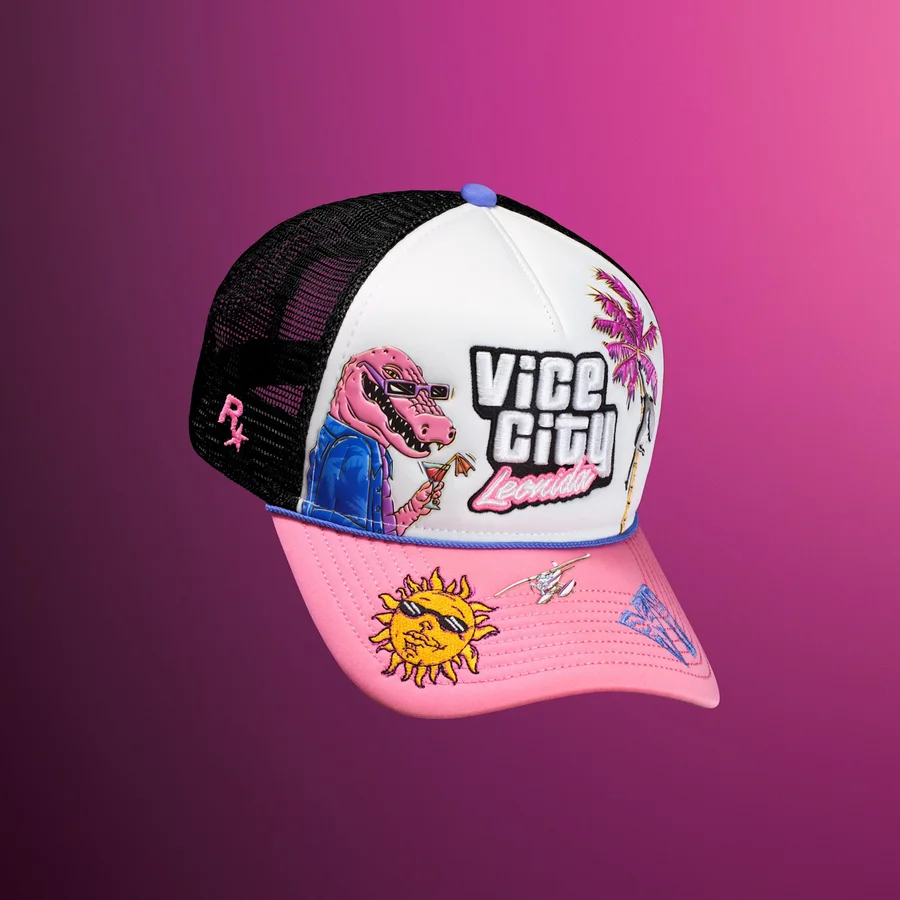 Black GTA VI snapback cap with Vice City Leonida embroidery and appliques