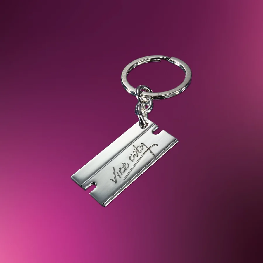 Metallic razor blade style keychain embossed with GTAVI and Vice City logos