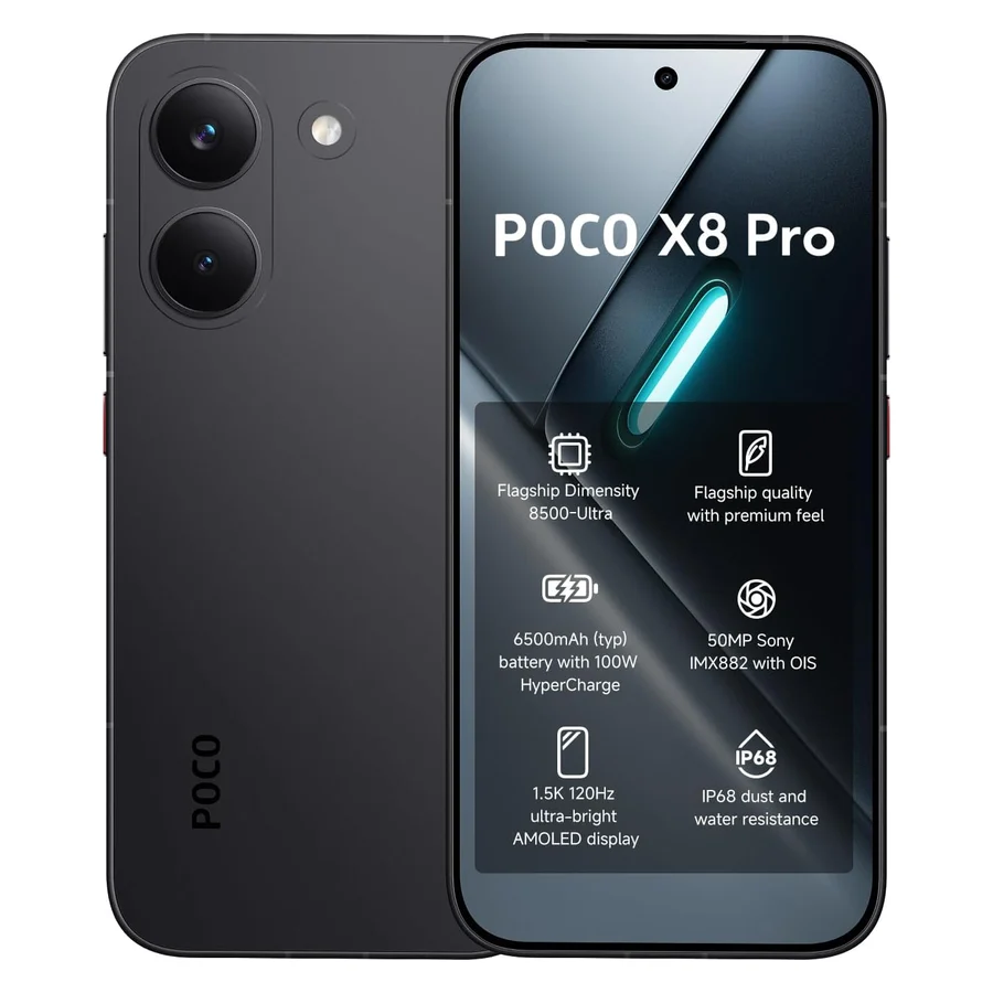 POCO X8 Pro in black, front and back