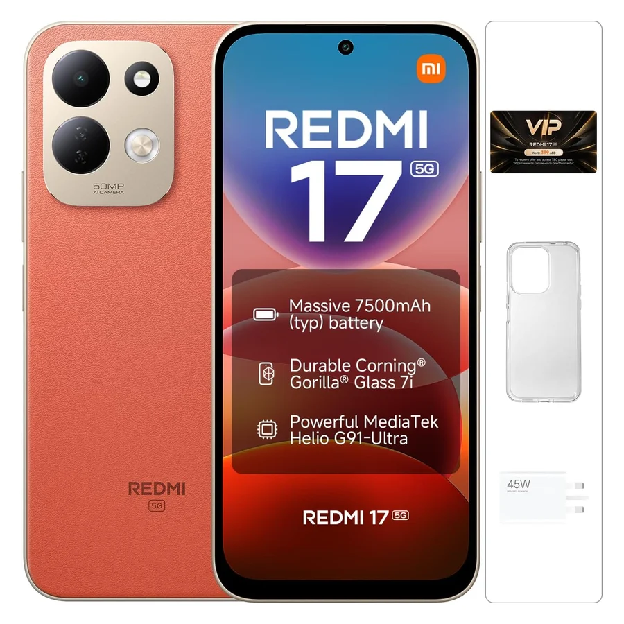 Redmi 17 5G in orange with its charger and case in the box